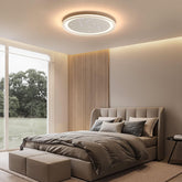 Modern bedroom with a ceiling light fixture, bed, and large window.
